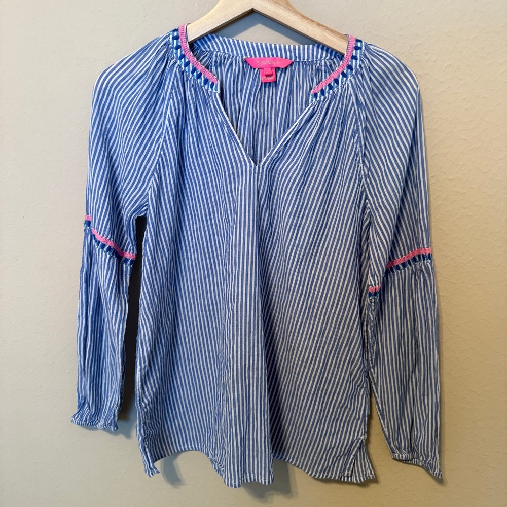 Lilly Pulitzer Taelynn Oxford Blue White Stripe Embroidered Long Sleeve XS